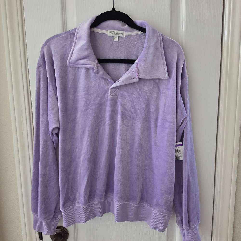 PJ Salvage Womens Lavender Purple Velour Long Sleeve Collared Pullover Top Large
